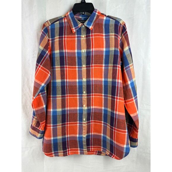 Lauren Ralph Lauren Women's Wide Cropped Gingham Linen Shirt LG - Picture 2 of 6